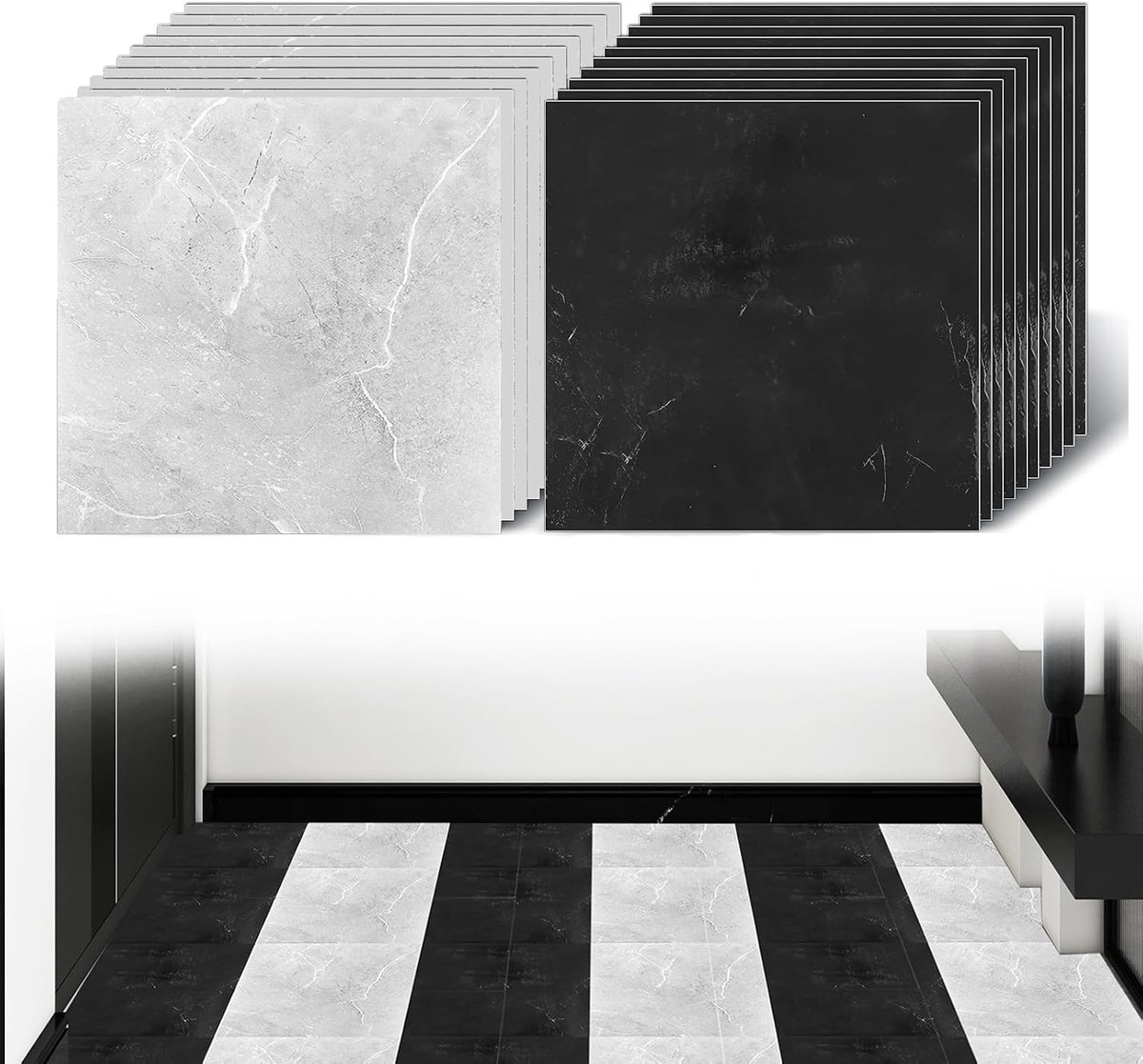 Pack of 40 PVC Floor Covers, Self-Adhesive, 30 x 30 cm, Adhesive Tiles, Floor, Waterproof, Black/Grey, Floor Tiles - ShopVlot
