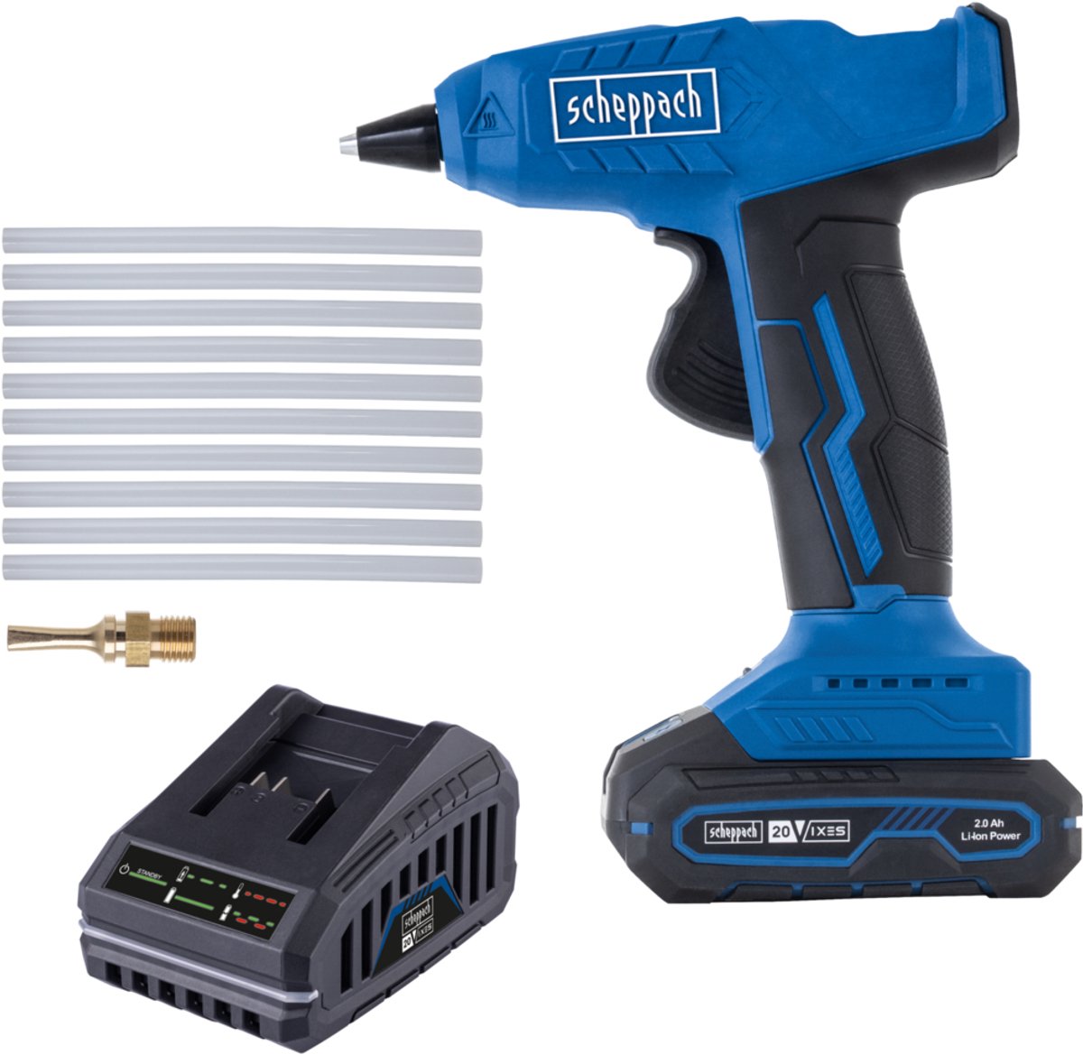 Scheppach Accu Lijmpistool 20V C-HGG170-X - Set S - Opwarmtijd: ca. 120 s - Maximale temperatuur: 170 °C - Incl. 20V 2.0 Ah accu en 2.4 A oplader