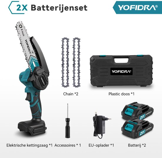 Yofidra Mini kettingzaag - 6 inch kettingzaag- met 2x accu’s - 1000W Heggenschaar - Takkenzaag - voor tuin, boomsnoeien en hout van Yofidra — afbeelding 2