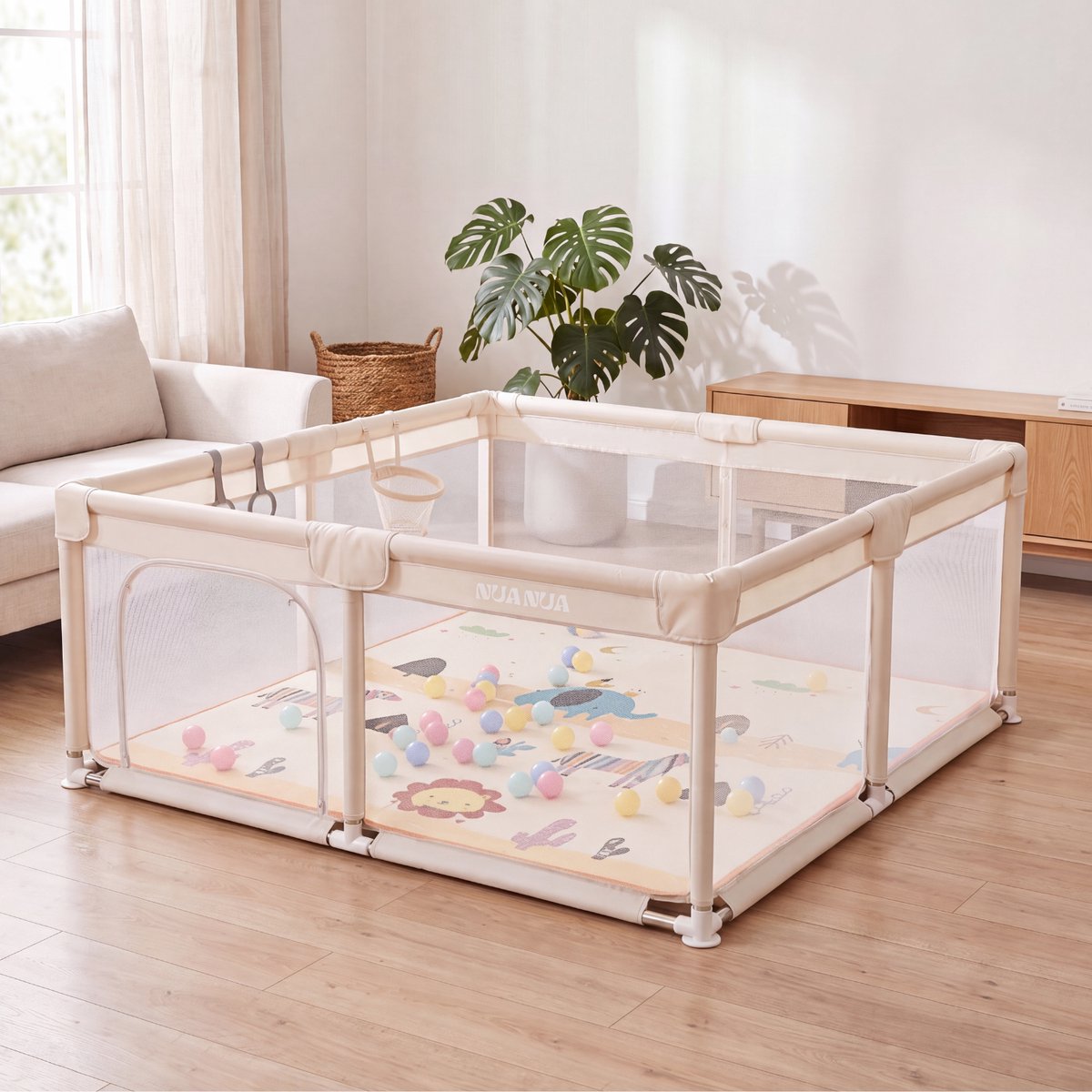 NUANUA Grondbox XL - 150 x 180 cm Baby Park - Kinderbox met Foam Speelmat - Speelbox en Accessoires - Playpen voor Baby - Parc Bebe en Kruipbox - Grondpark Beige