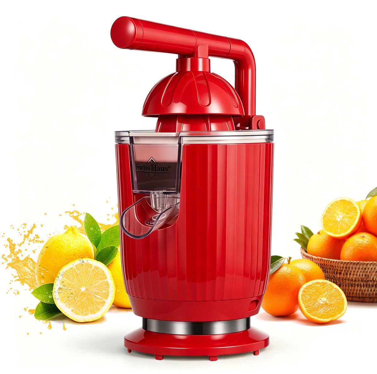 Swiss Haus® CJ1914 Citruspers Elektrisch - 140W – Elektrische Sinaasappelpers met Pershendel – 2 Perskegels – Verse Sinaasappelsap – Afneembare Onderdelen – Rood