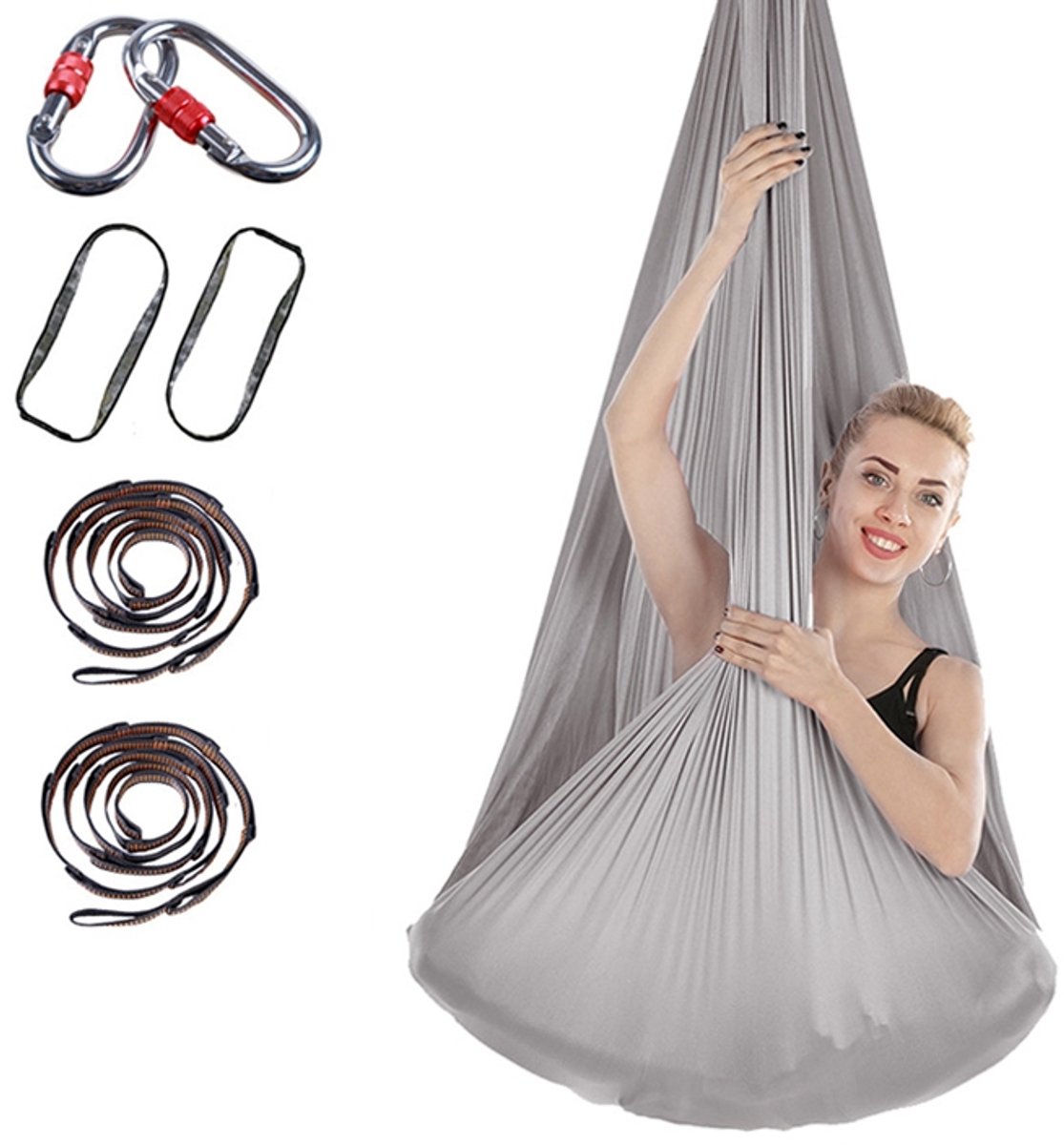 Indoor anti-zwaartekracht yoga knoopvrije antenne yoga hangmat met gesp / verlengband, afmeting: 400x280cm (zilvergrijs)