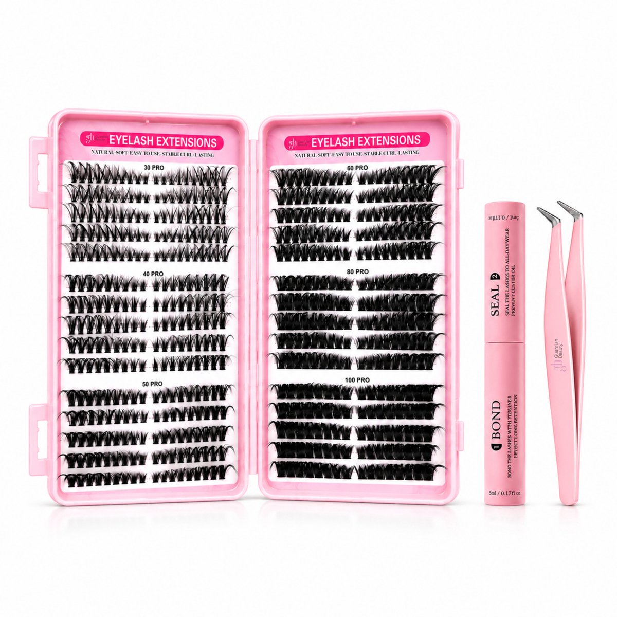 Guardian Beauty Wimper Extensions Set - DIY Cluster Wimpers 100D Mix - Bond & Seal Wimperlijm 10ml - Dubbelkoppig - Inclusief Roze Pincet