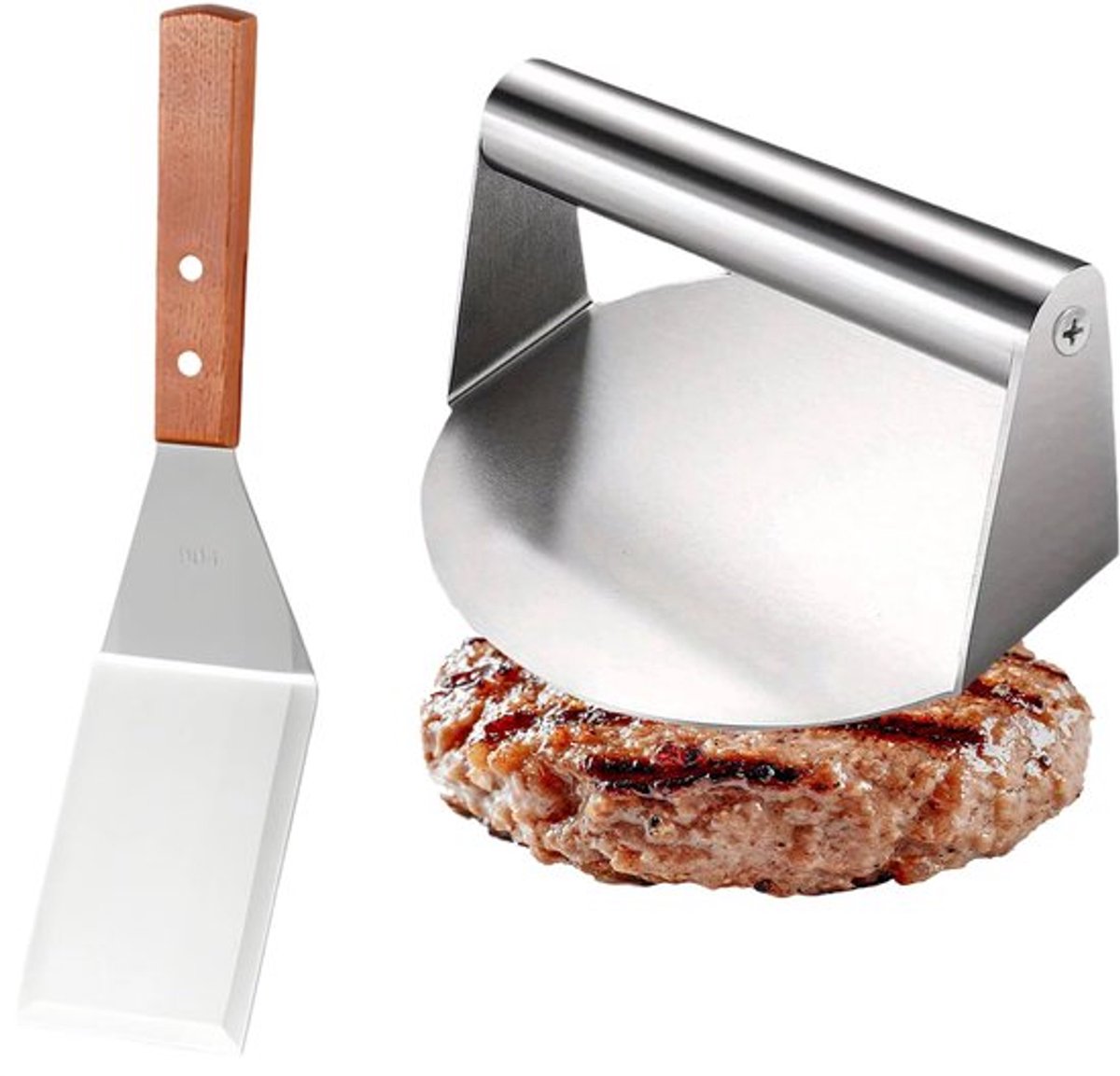 Smasher Ronde hamburgerpers van 5,5 inch, wordt geleverd met een spatel van 29,5 x 7,1 cm, roestvrijstalen pattie-pers voor plat grillen, minder vet, gemakkelijk te reinigen