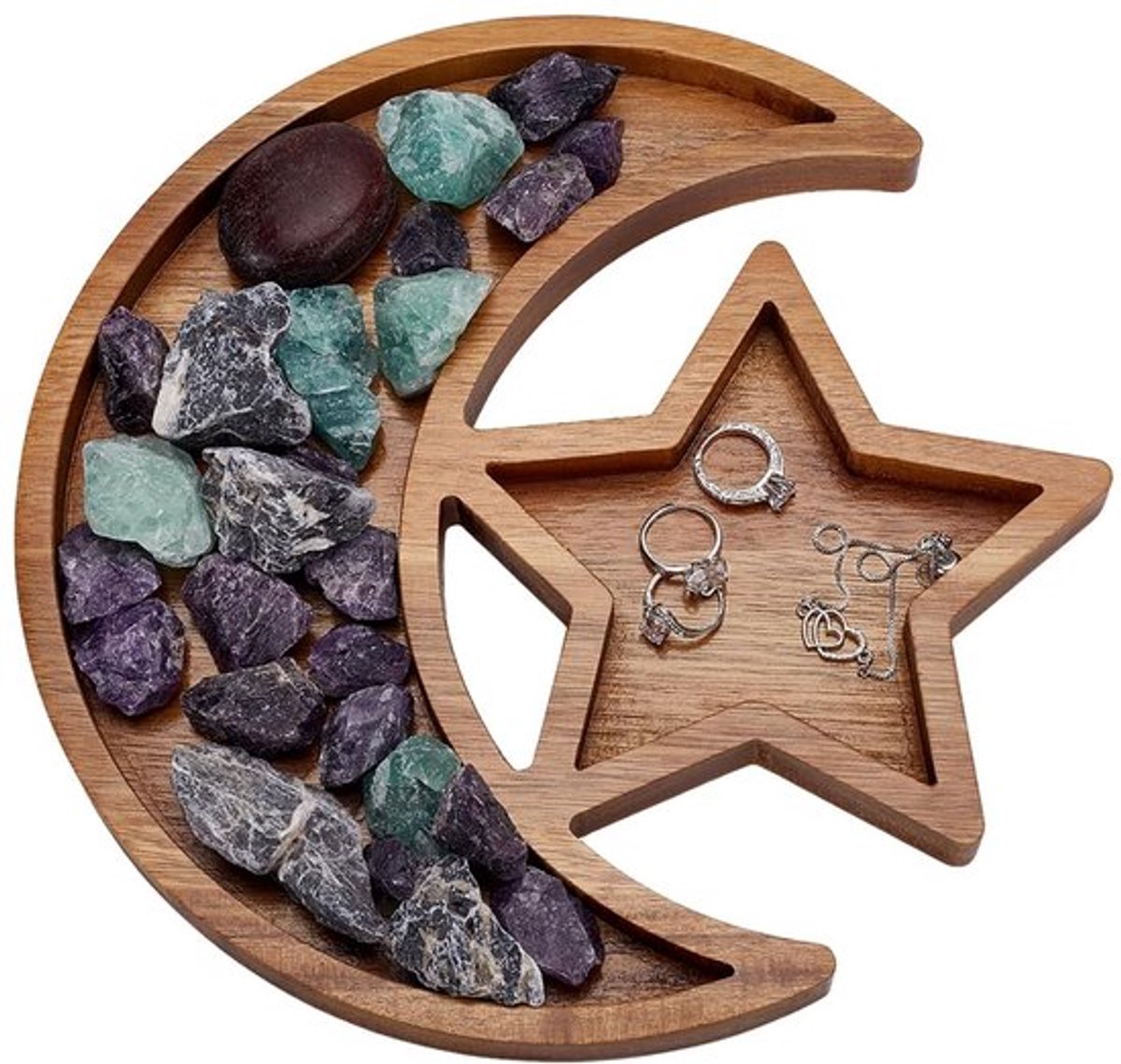 Houten Kristallen Houder voor Stenen - Stervorm en Halve Maan Dienblad Set - Display Tray, Kom, Schotel en Zadel - Bruin Hout Opberglade voor Kristallen