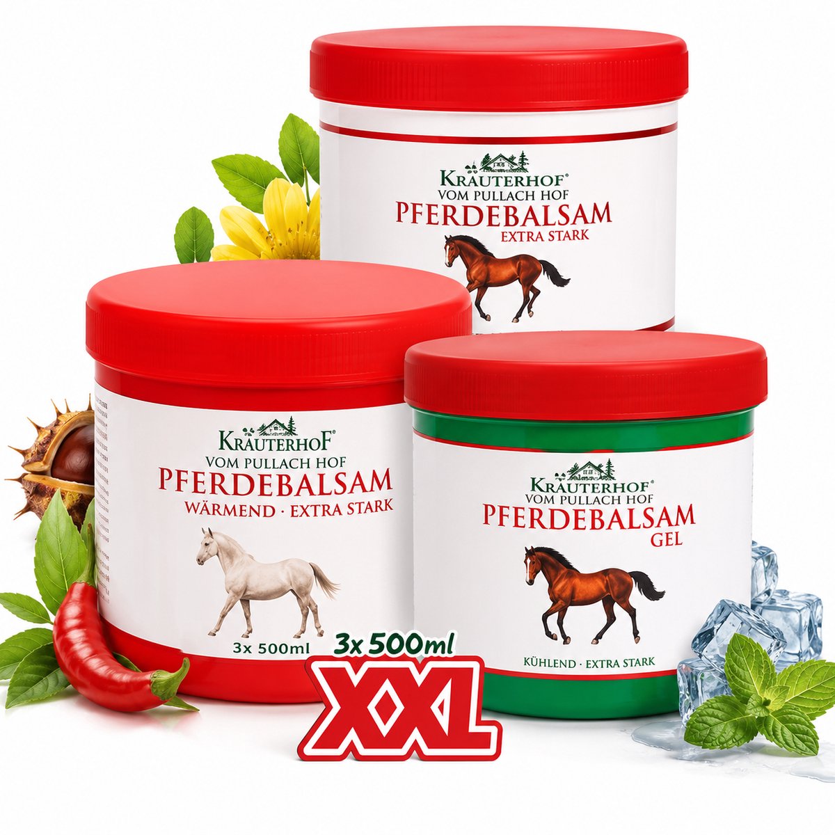 Pullach Hof Paardenbalsem XXL Set – Koud, Warm & Crème – 3 x 500 ml – Verzorging voor Spieren en Gewrichten – Made in Germany