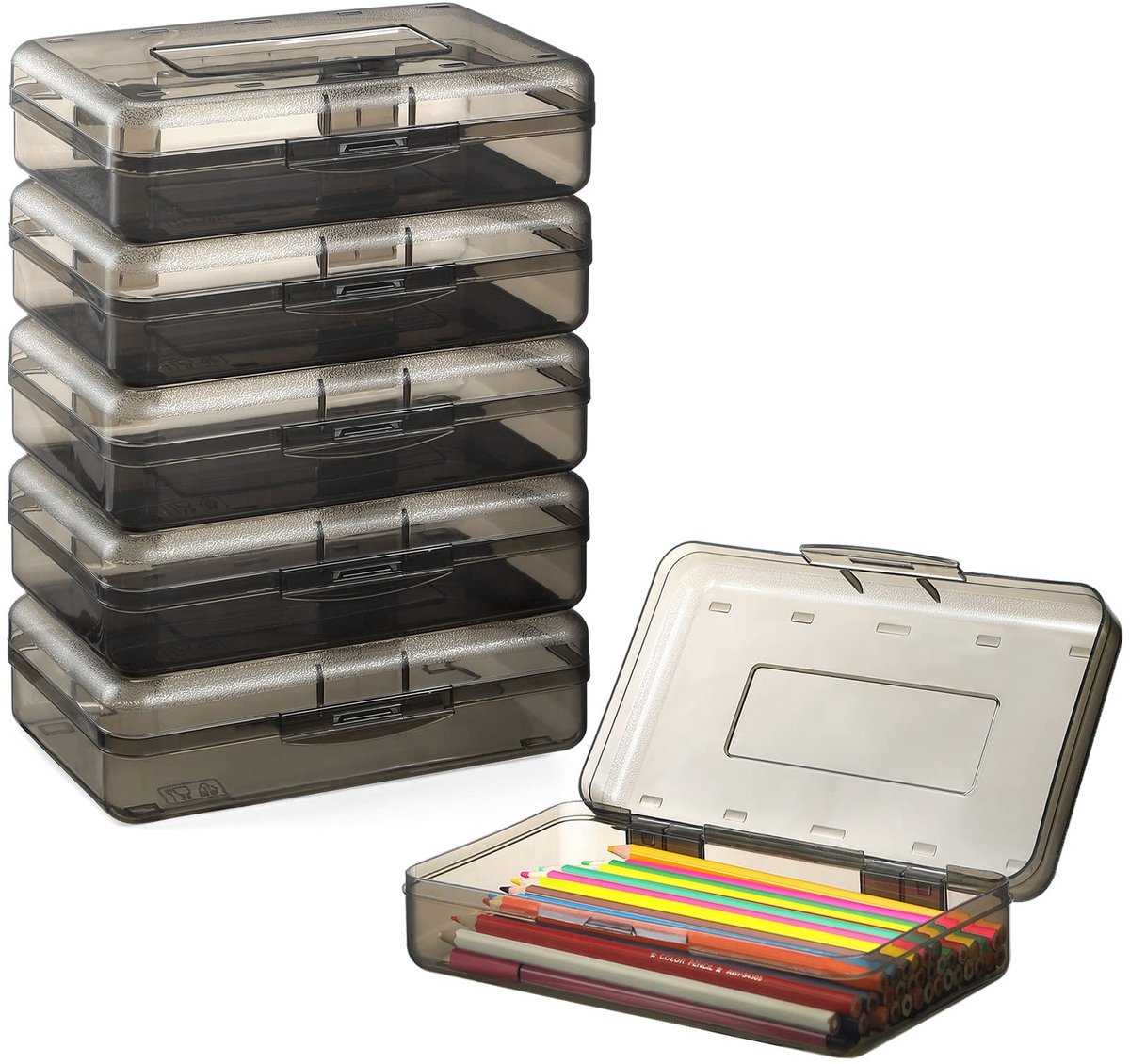 6 Stuks Transparante Opbergdozen met Deksel – Grote Pennendozen voor Schoolspullen – Stapelbare Kunststof Organizer Boxen voor Pennen, Knutselmateriaal en Bureau Opberging – Zwart