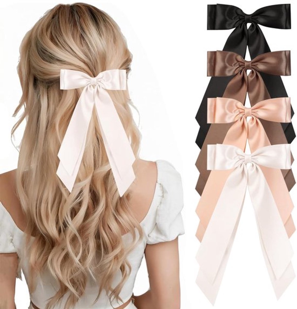 4 stuks Haarstrikken voor Vrouwen - Strikken voor Meisjes Haarlinten (Beige/Lichtbruin/Vleesroze/Zwart) - Duurzaam Polyester Stijlvol en Veelzijdig voor Elke Gelegenheid (Maat: 4)