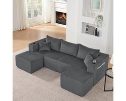 Moderne Hoekbank, U-Bank, 4-Zitsbank, Modulaire Hoekbank Met 3 Zitplaatsen, Compacte L-Vormige Bank Met Verplaatsbare Voetenbankjes, Zachte Corduroy Stof, Bekerhouder, Zijvak En Kussens, Geschikt Voor Woonkamers, Hotels En Huurappartementen,Grijs