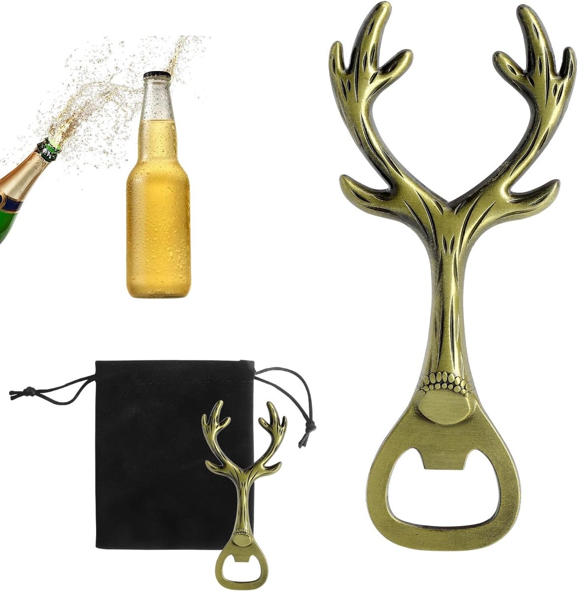 Set van Hertenhoorn Flesopeners met Zwarte Fluwelen Zak - Vintage Design voor Bier, Cadeau voor Feestjes en Keuken Decoratie