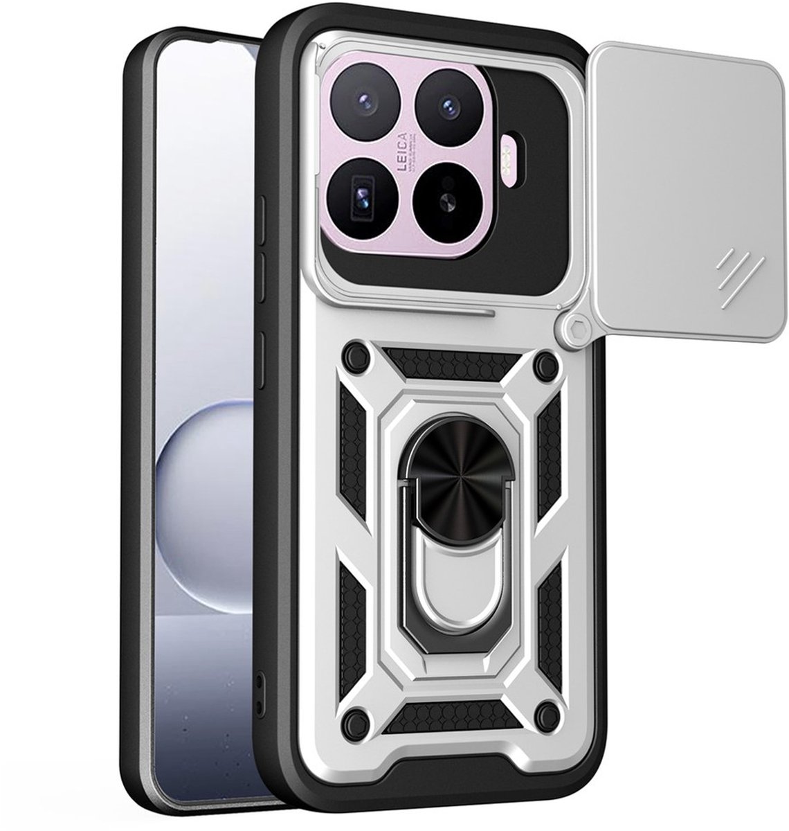 MobyDefend Hoesje - Geschikt voor Xiaomi 17T Pro - Pantsercase Met Draaibare Ring - Zilvergrijs