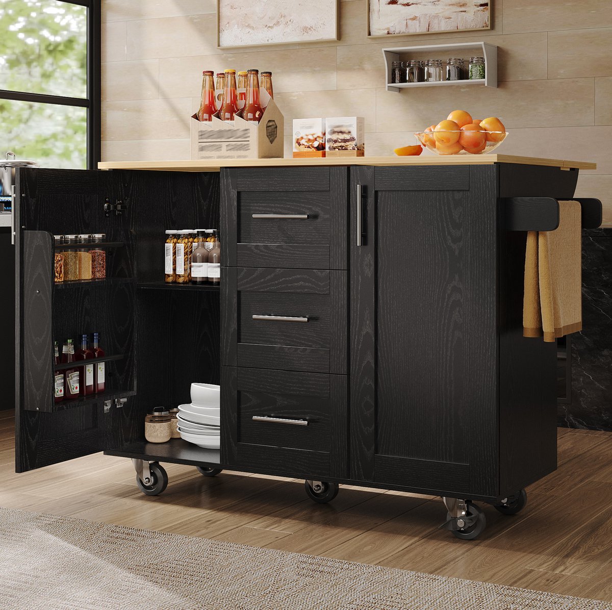 COVREO Keukenkast 135 x 46-74 x 86,6 cm - met wielen, opklapbaar tafelblad en 3 lades, zwart