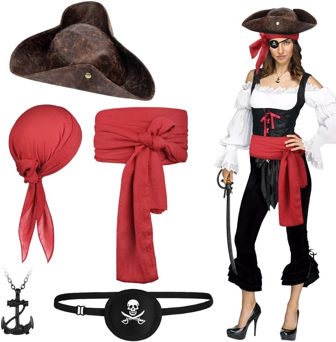 Piratenkostuum Accessoireset met Bandana, Sjerp, Ooglapje en Ankerhanger voor Halloween en Themapartijen, Perfect voor Verkleedfeestjes en Middeleeuwse Evenementen