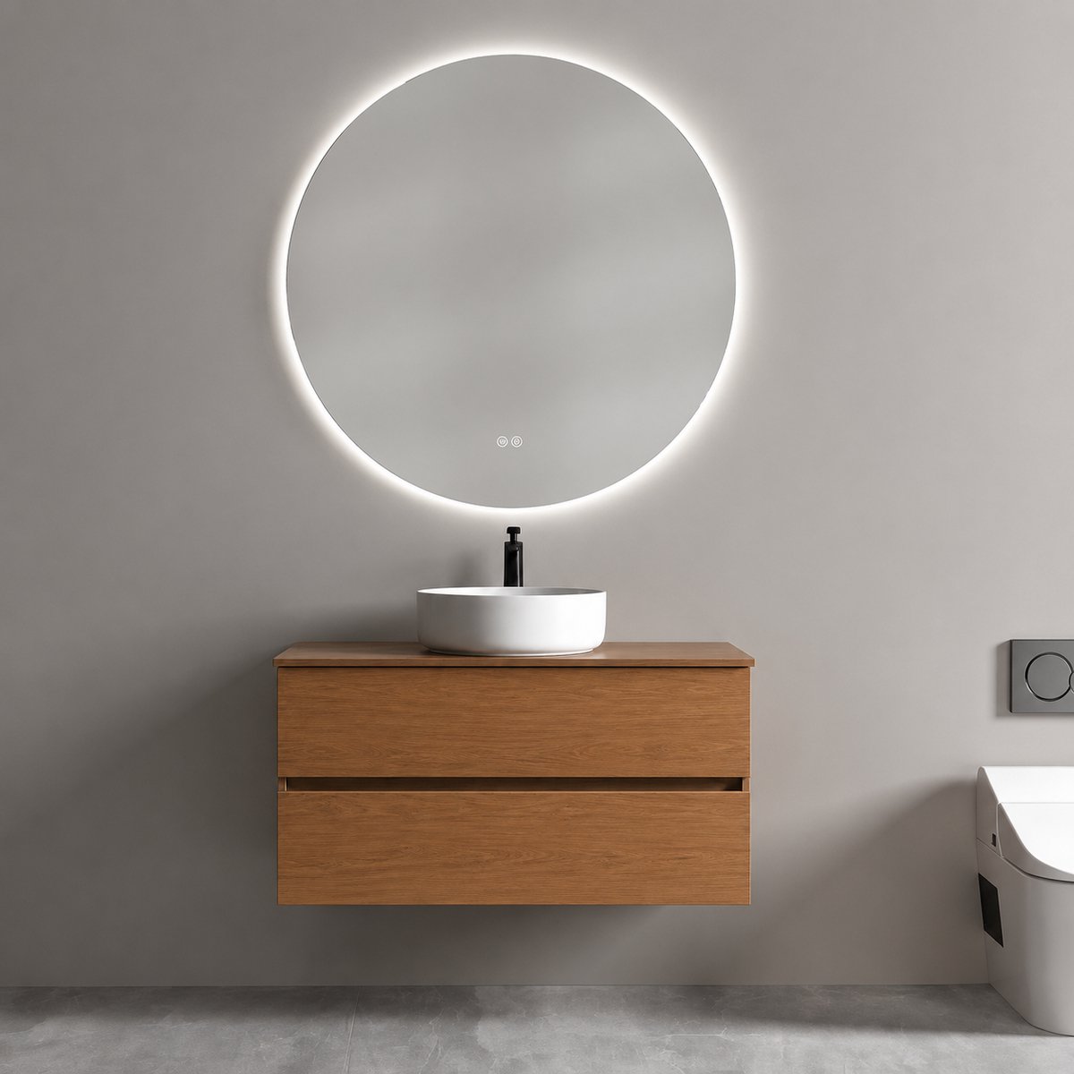 Badkamermeubel met Waskom Eiken 80 CM en Ronde LED Badkamerspiegel 80 CM - Complete Badkamermeubel - Vestland