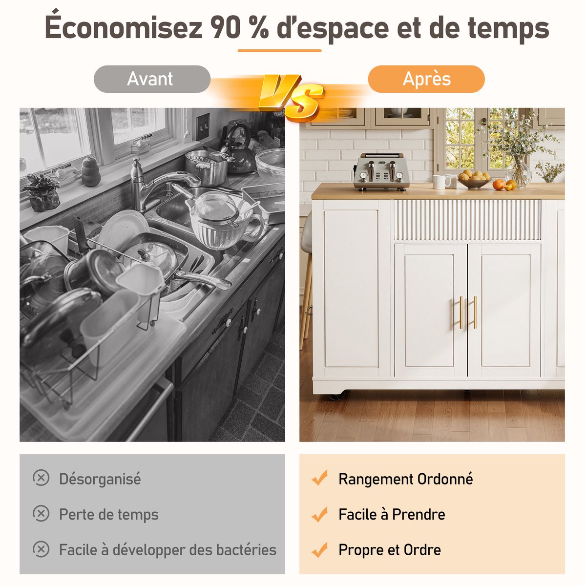 COVREO Keukenkast 120 x 50 x 92 cm - met wielen, afvalbakvak, 2 deuren en 3 lades, wit