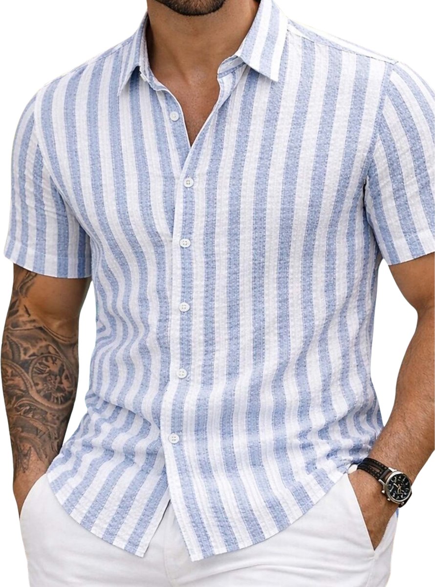 Currero Linnen Blouse Heren T Shirt Polo Overhemd Shirt Zomer Ibiza Stijl Helder Staalblauw