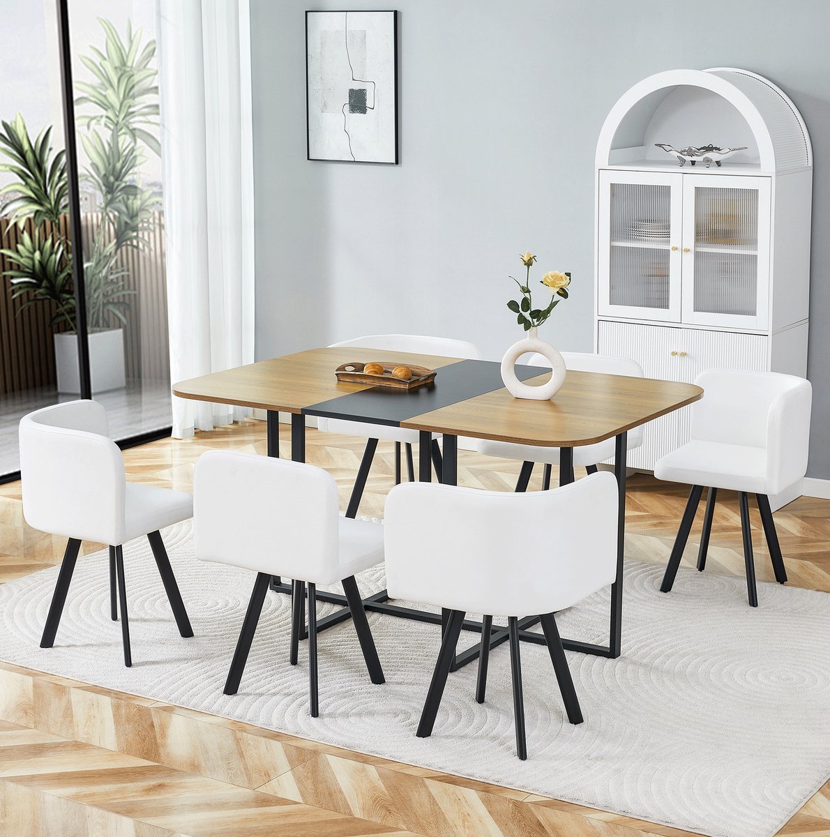 FloraGrace Eettafelset - Uitschuifbare Eettafel Met 6 Stoelen - Ruimtebesparend Voor Keuken En Eetkamer - Hout En Metaal - 150x100x79 Cm