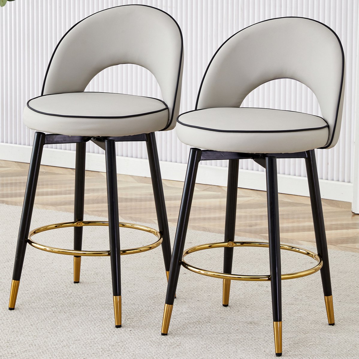 OKWISH Barkruk - 360° Draaibaar Met Rugleuning - Set Van 2 - Kunstleer En Metaal - Voor Bar, Keuken Of Restaurant - Grijs