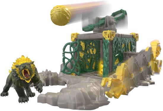 Schleich Eldrador Jungle Stronghold speelset met groene kooi, kanon en aanvallende tijger met gele manen.