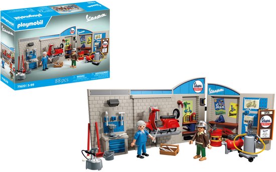 Playmobil Vespa garage speelset met 2 figuren, rode scooter en gereedschap.