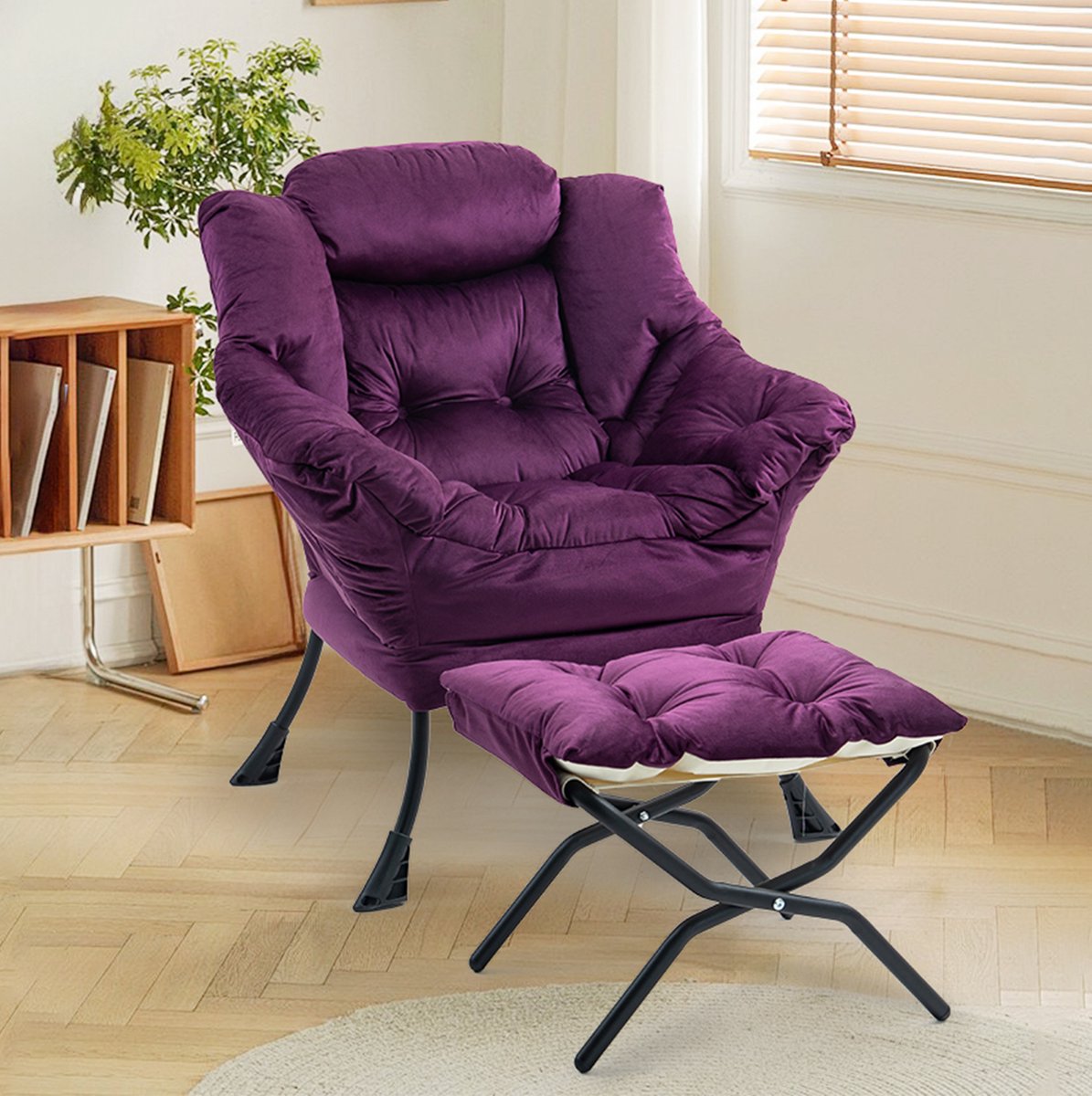 FloraGrace Fauteuil - Met Opklapbare Voetenbank - Comfortabele Ruststoel Voor Woonkamer En Slaapkamer - Velvet - Paars