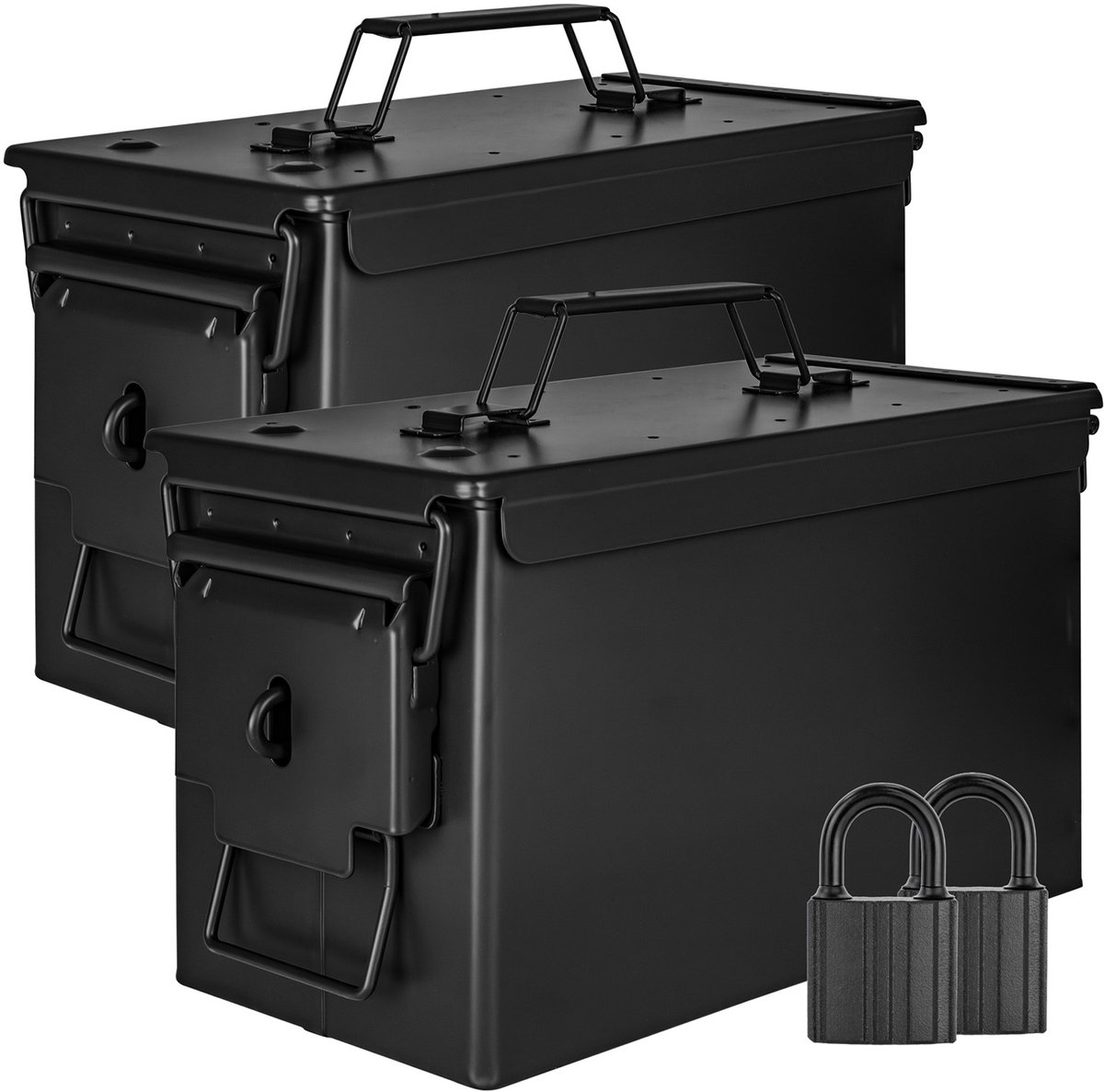 Trucky Set: 2x Munitiekisten met slot – Metalen opbergkisten met deksel – 31 x 16 x 19 cm – Legerzwart metaal