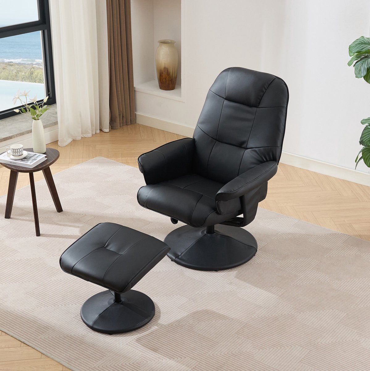FloraGrace Massagestoel – Relaxfauteuil met Hocker – 5-Punts Massage, Verwarming & 360° Draaifunctie – Voor Woonkamer – PU Leer – Zwart