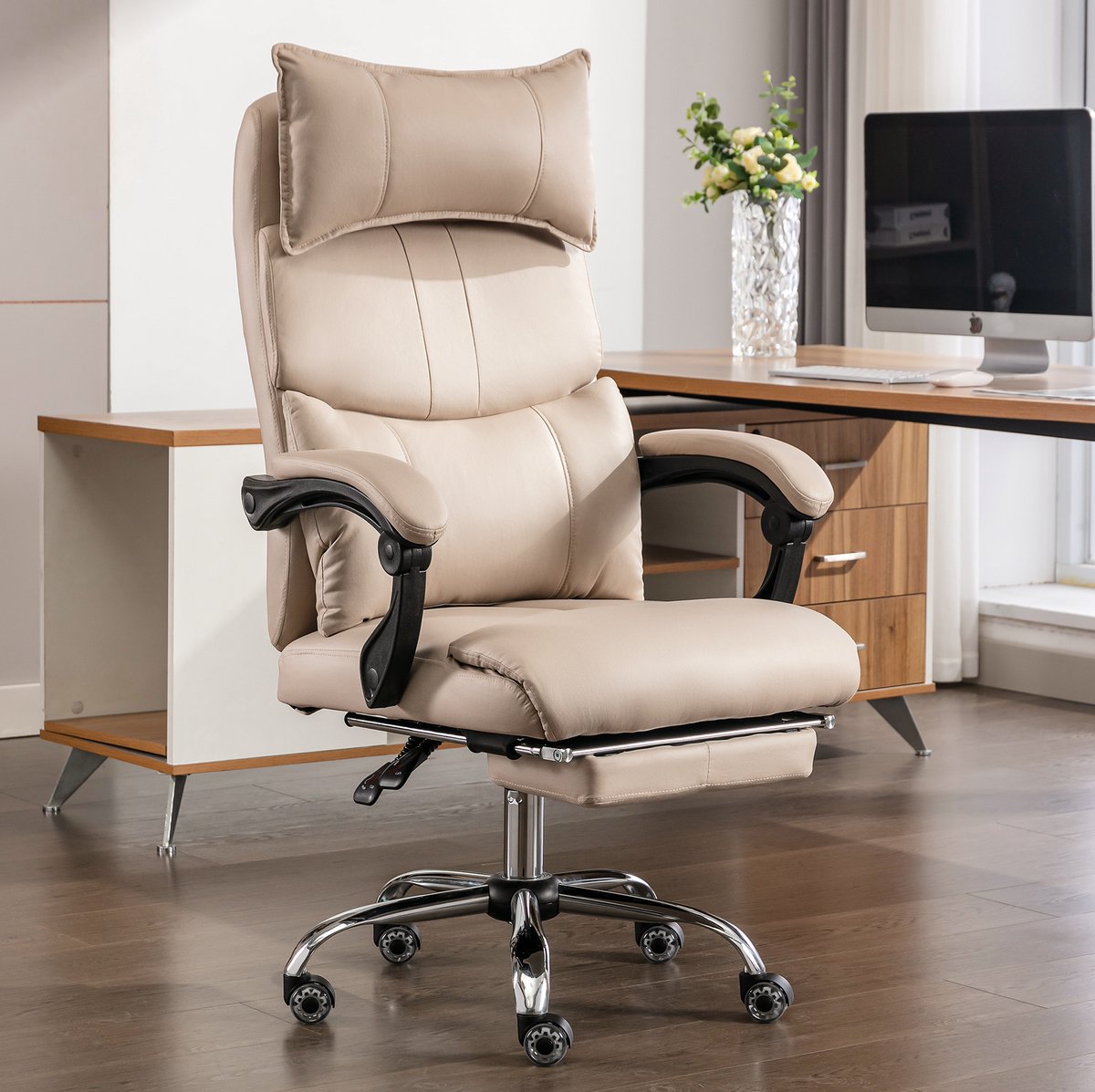 DESMIU Bureaustoel 65 x 50 x 120 cm - Ergonomisch Met Verstelbare Lendensteun, Hoofdsteun En Voetsteun - Voor Kantoor - Beige