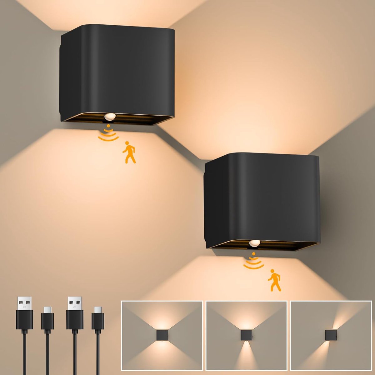 Oplaadbare Wandlamp Set van 2 – Draadloos – Bewegingssensor – 3 Lichtkleuren – Dimbaar – Magnetisch – USB-C – Zwart