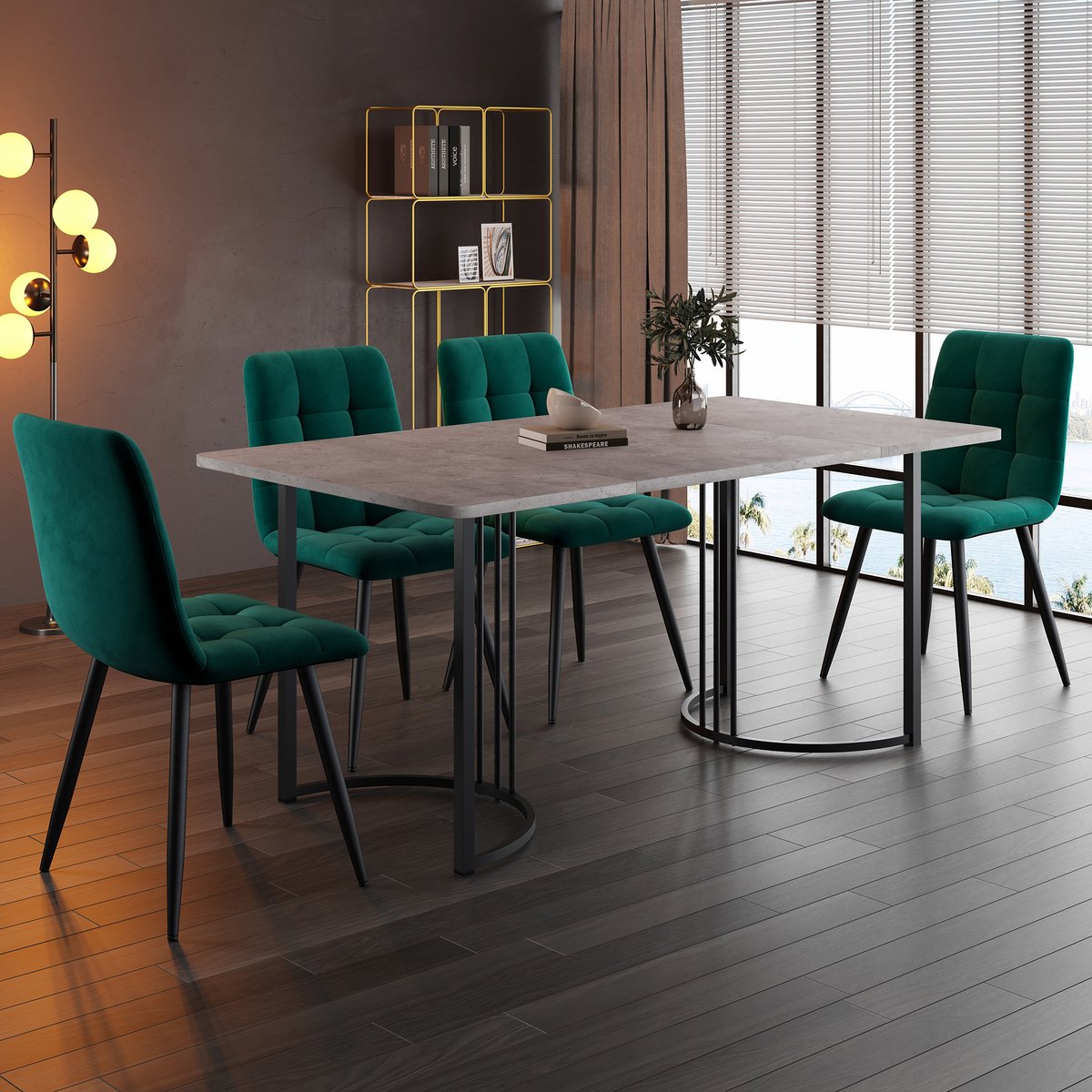 DESMIU Set Tafel En Stoelen 140 x 80 cm - 5-Delige Eethoek Met 4 Stoelen En Verstelbare Poten - Voor Eetkamer En Keuken - MDF Grijs En Groen