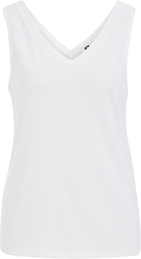 Witte singlet met opengewerkte visgraatstructuur en V-hals.