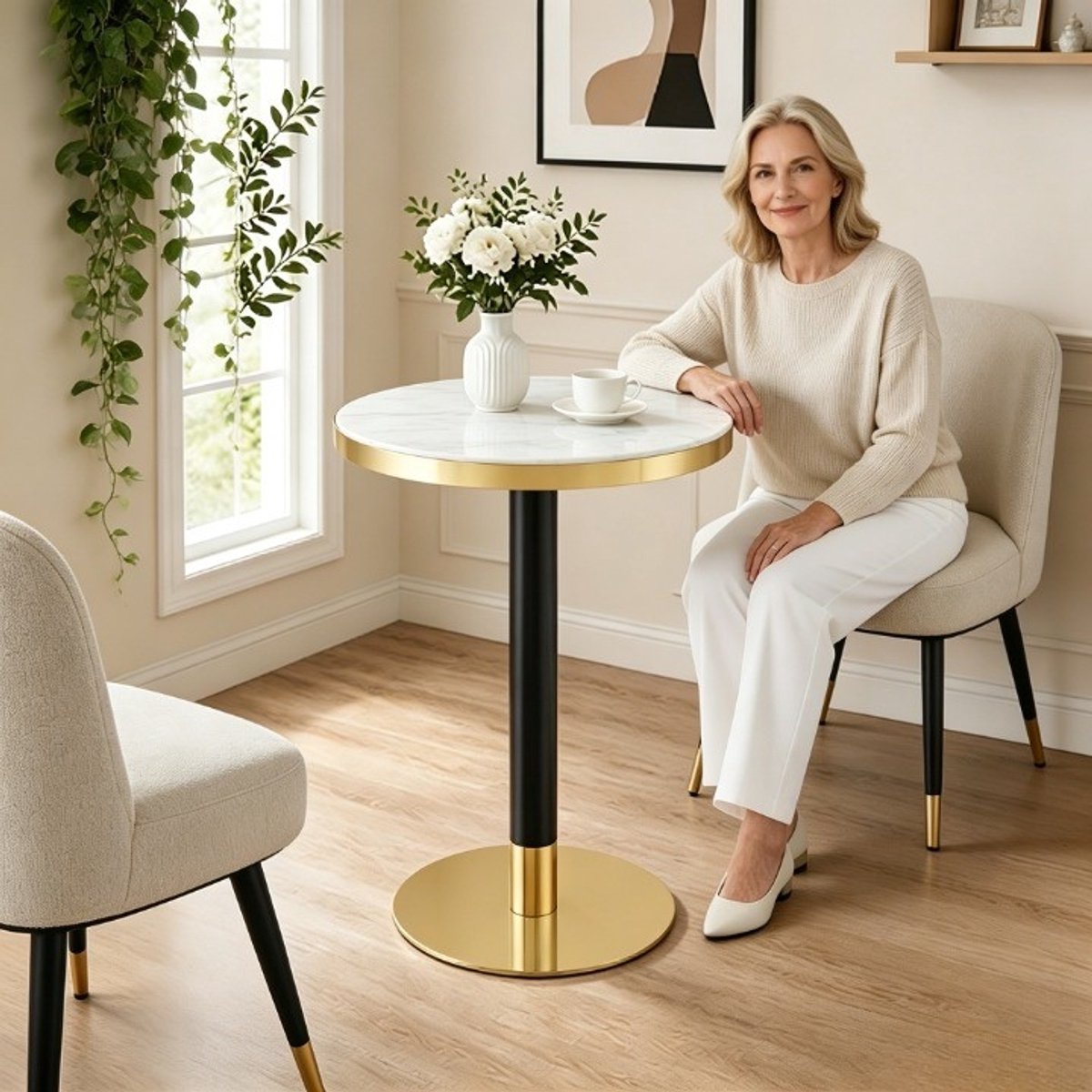 FloraGrace Bijzettafel - Ronde Tafel Met Marmerlook En Gouden Rand - Voor Woonkamer Slaapkamer Of Balkon - MDF En Metaal - 60 x 73,7 cm - Wit