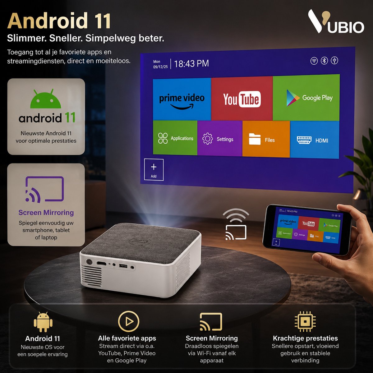 VUBIO Vortex Mini Beamer 4K | ANDROID | WIFI | AI Color Engine | 19200 Lumen | Max 300" | 3D Ready (Anaglyph) | Automatische Keystone | 2 Ingebouwde Speakers | LED Mini Projector – foto 6