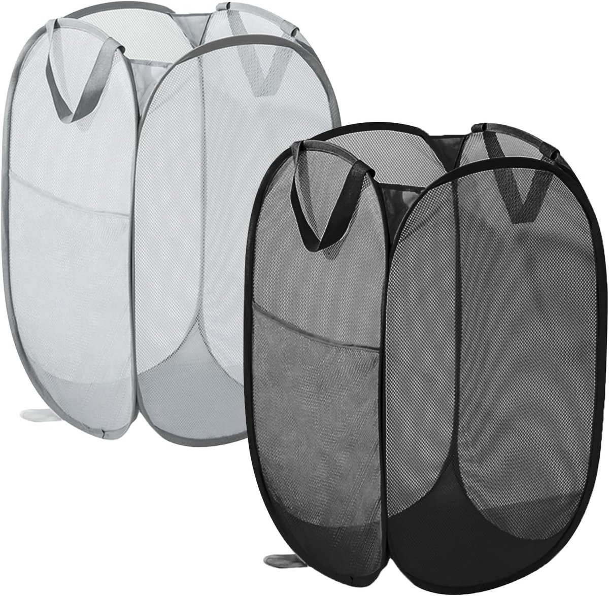 Set van 2 Opvouwbare Wasmanden, Ruimtebesparende 75 L Wasmanden voor Badkamer, Reizen en Kinderkamer (Zwart en Grijs)