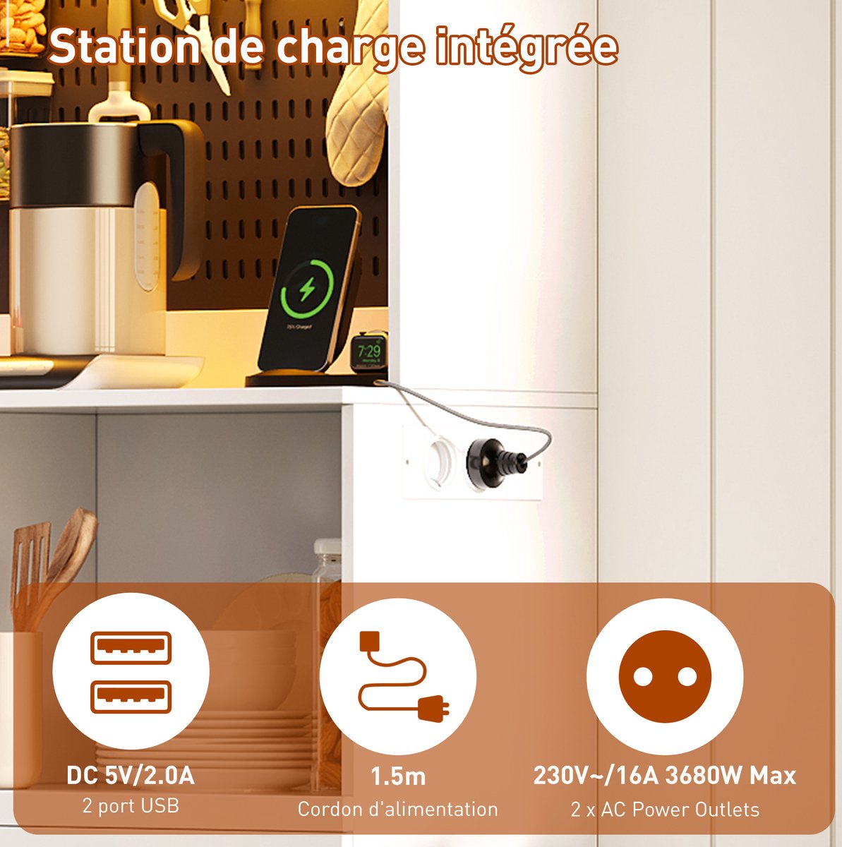OKWISH Keukenkast - Met Ledverlichting En Stopcontacten - 145 x 40 x 185 cm - 5 Lades - Verstelbare Planken En Werkblad - MDF Wit