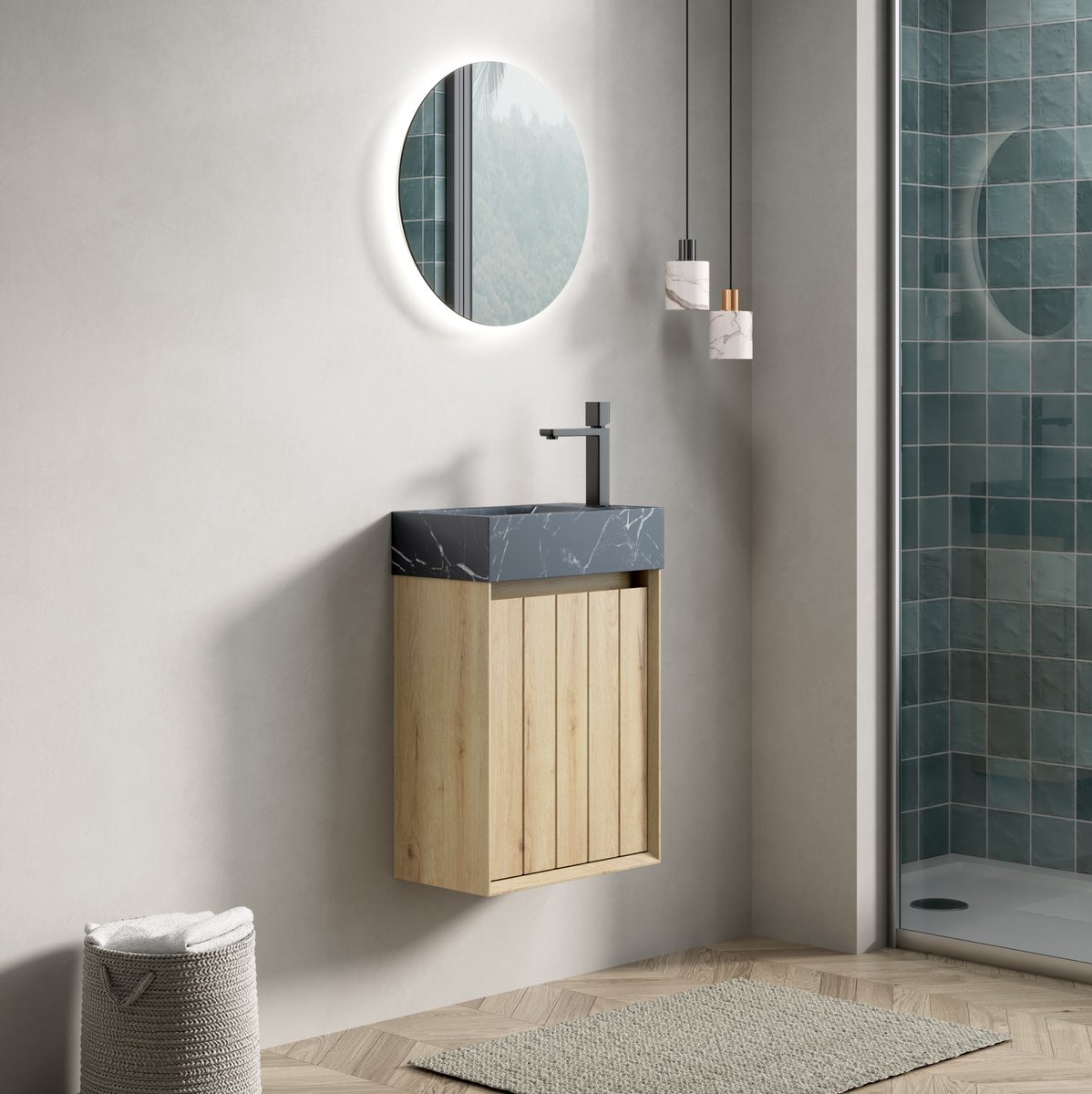 OKWISH Badkamermeubel - Wandhangend Met Geintegreerde Wastafel - 40 x 22 x 58 cm - 1 Deur - Ruimtebesparend - Marmer Zwart Wit Eiken