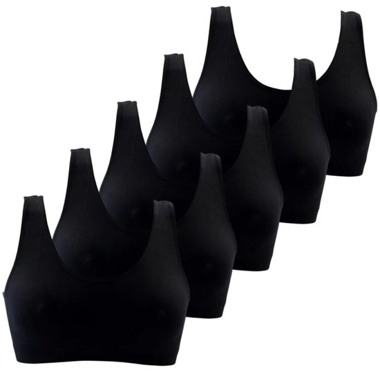 Zes zwarte meisjes bh tops zonder beugels, opgesteld in een trapvorm.
