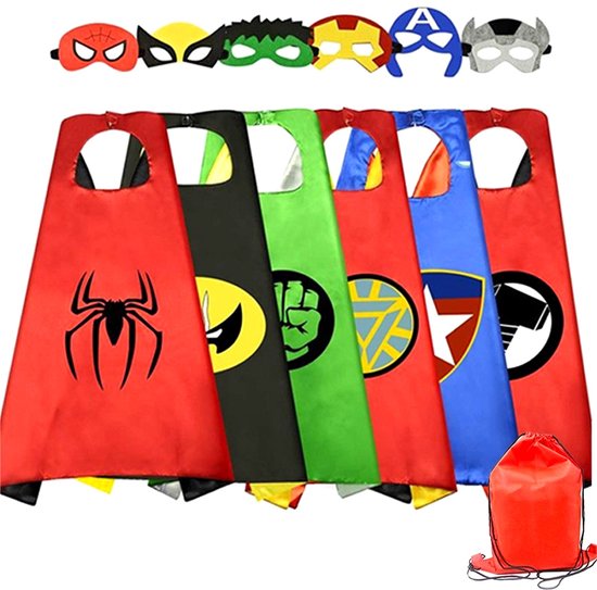 Zes superhelden capes met symbolen zoals Spiderman, Hulk, Superman en Captain America. Met masker en tas.