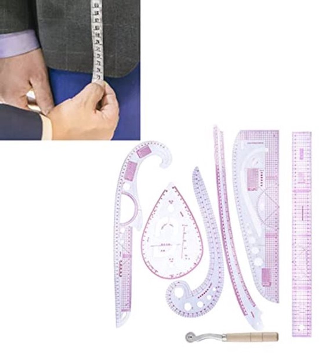 Set van 7 delige staartliniaal met kledingliniaal, patroonliniaal, snijliniaal, mouwliniaal, krommeliniaalset, lijnwiel en PVC-liniaalcombinatie voor modeontwerpers en