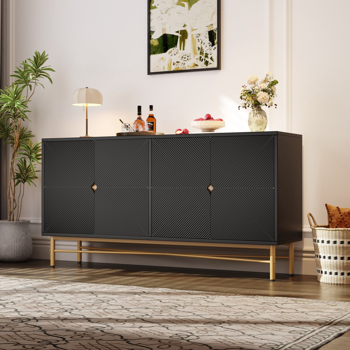 STILVORA Dressoir - Vier Deuren Met Reliëf En Softclose - Ruime Opbergkast Voor Woonkamer En Eetkamer - Hout - 160x40x82 Cm - Zwart