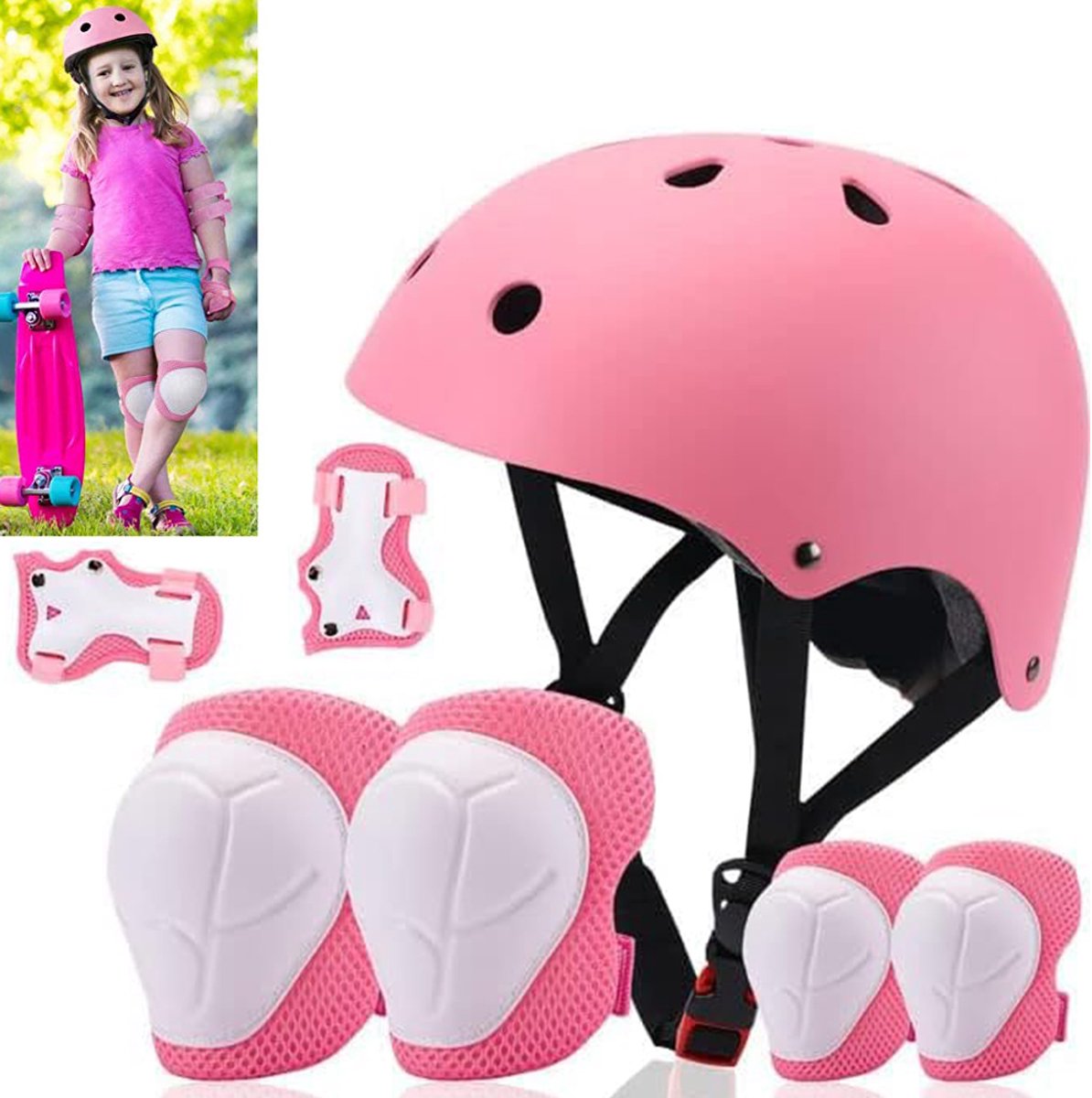 Kinderbeschermingsset - Inclusief helm, kniebeschermers en elleboogbeschermers - Beschermende uitrusting voor rolschaatsen - Sportveiligheid - Geschikt voor rolschaatsen en fietsen - Sportbeschermingsuitrusting - Algemene beschermingsset - ABS - Roze