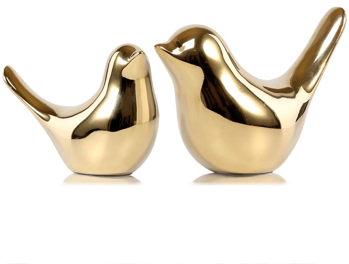 Gouden Vogeltjes Decoratie Set - 2 Delige Keramische Vogel Beeldjes - Kleine Vogelfiguur Ornamenten voor Woonkamer Slaapkamer Kantoor Tafel Decoratie - Modern Woonaccessoire Cadeau - Goud