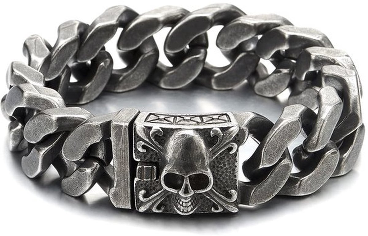 Coolsteelandbeyond Herenarmband, groot, zwart, roestvrij staal, curb ketting, met lelie en schedel, biker/gothic stijl, gepolijst, 22 cm, metaal, niet van toepassing, Metaal, geen_steen, niet van toepassing