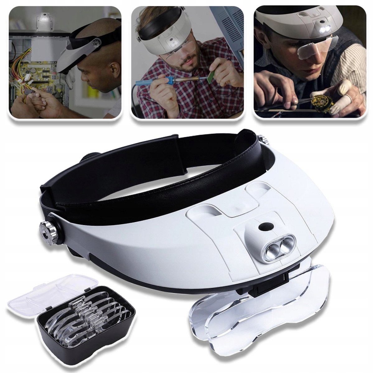 Verstelbare LED-Hoofdbandloep Met 5 Lenzen - 1,0x Tot 3,5x Verwijderbare Lichtbak - Comfortabele Pasvorm Handsfree - Ideaal Voor Horlogereparatie En Microgravure