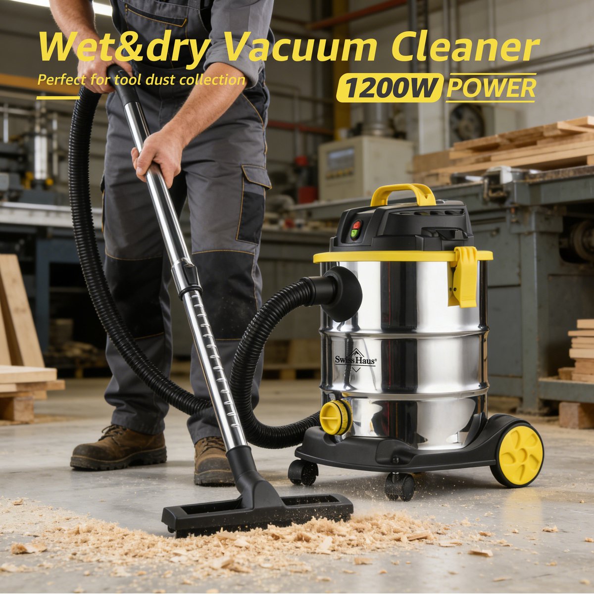 Swiss Haus® WDVC25 Nat & Droog Stofzuiger - 25L - 1200W Nat- en Droogzuiger - RVS Ketel - HEPA Filtersysteem - Blaasfunctie - Waterafvoer - Industriële Bouwstofzuiger - Lugano Collection – foto 3