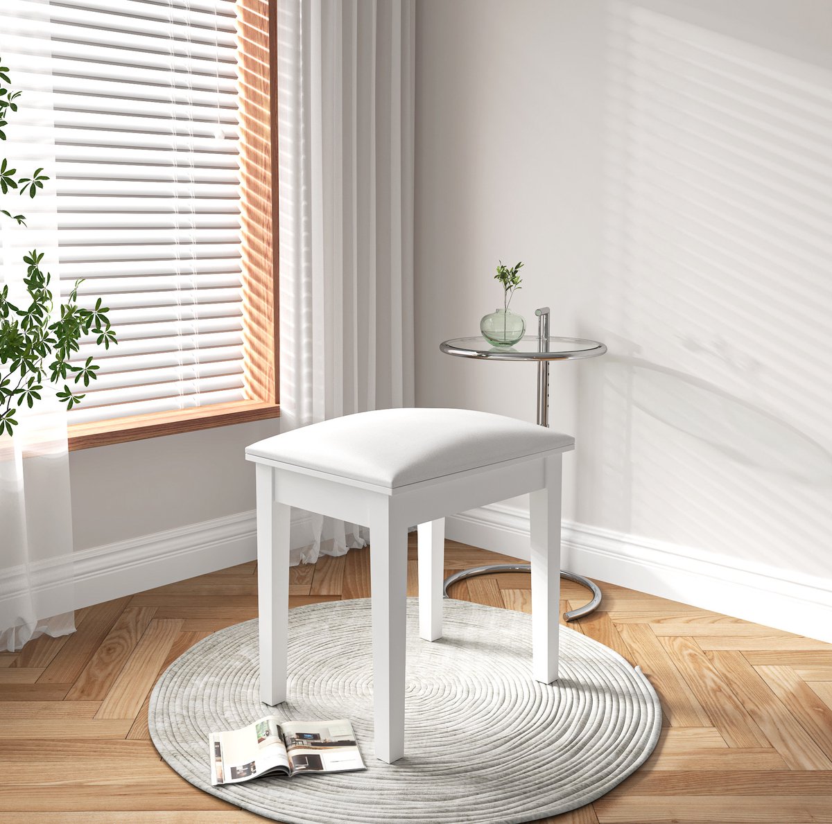MIVRAY Hocker 43 x 33 x 45 cm - Opgevulde Kaptafelkruk Voor Slaapkamer En Pianokamer - Kunstleer En Houten Poten - Wit