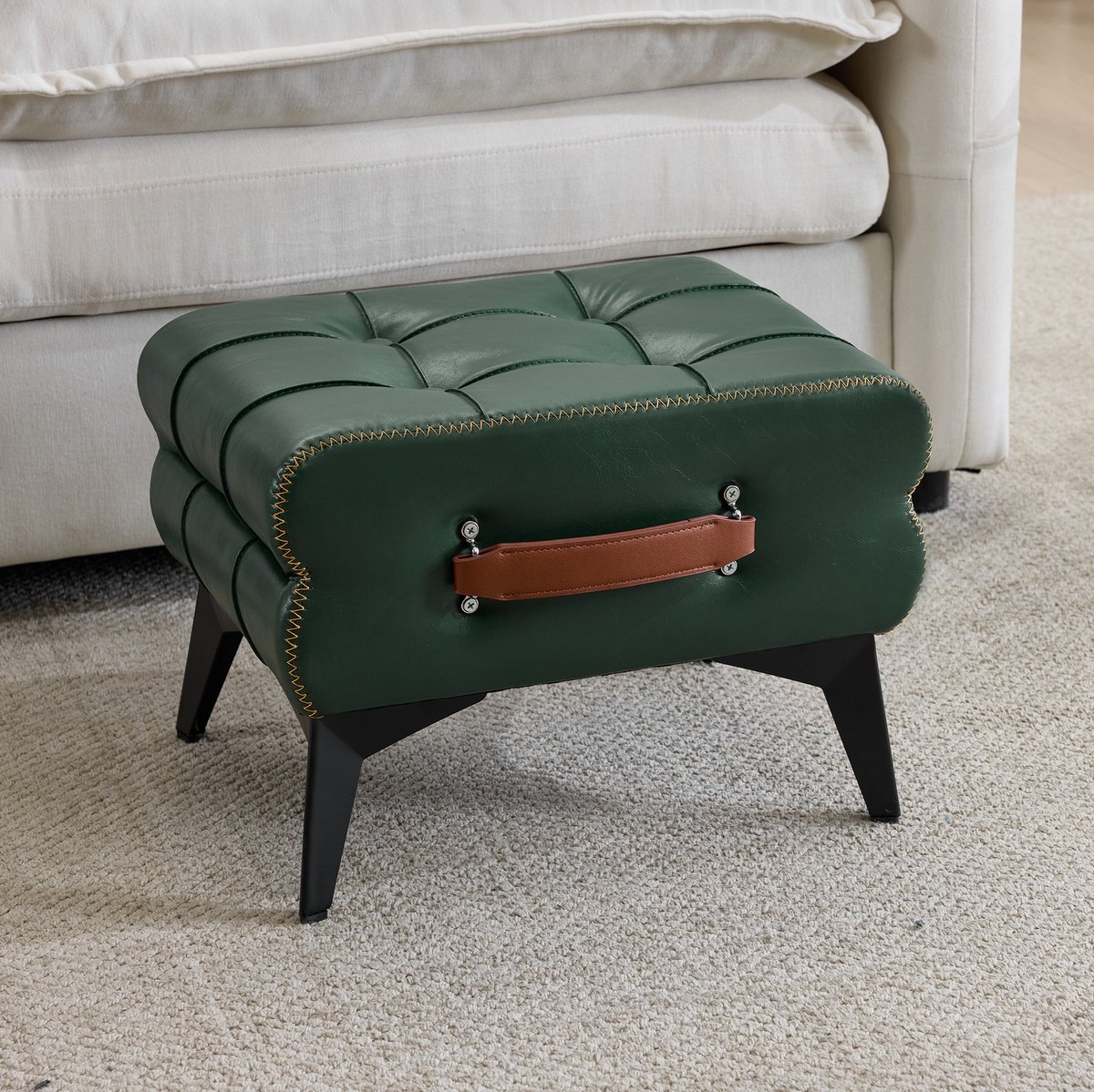 MIVRAY Voetenbankje 43 x 33 x 30 cm - Draagbaar Met Handgreep En Antislip - Voor Woonkamer En Slaapkamer - Kunstleer Groen