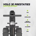 Zicht op het display van de VirtuFit ROW100 roeitrainer met tijd, roeislagen en calorieën.