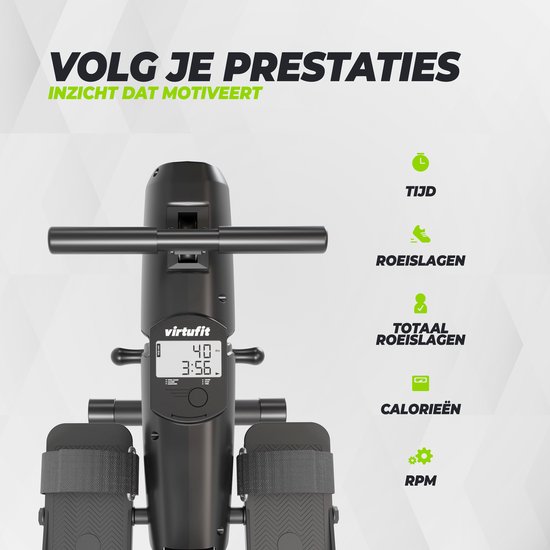 Zicht op het display van de VirtuFit ROW100 roeitrainer met tijd, roeislagen en calorieën.