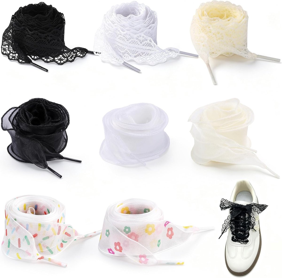 Decoratieve Kant Veters, 8 Pairs 120 cm, Zwart, Wit, Beige en Kleurrijke Ribbons voor Dames Sneakers, Baskets en Casual Schoenen, Modieuze Accessoires voor Schoenvernieuwing